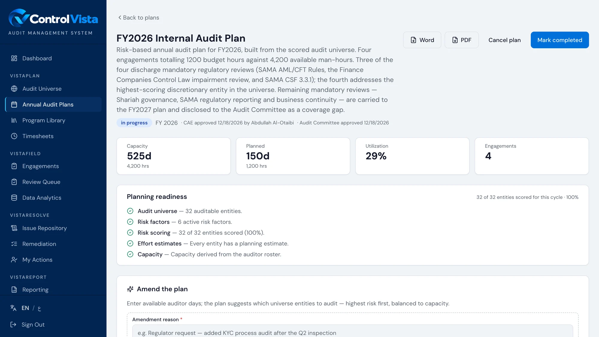 VistaPlan annual audit plan — available capacity versus planned days, utilisation and planning-readiness checks