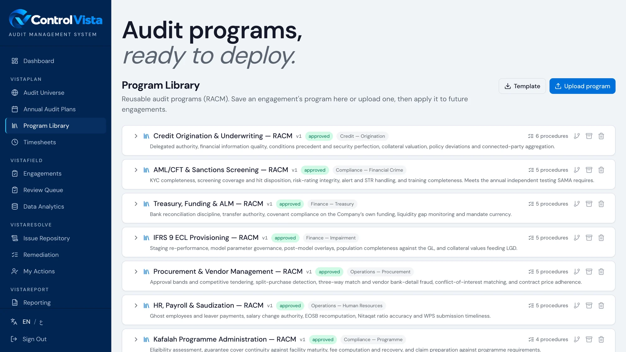 ControlVista program library — reusable RACM audit programmes ready to apply to an engagement