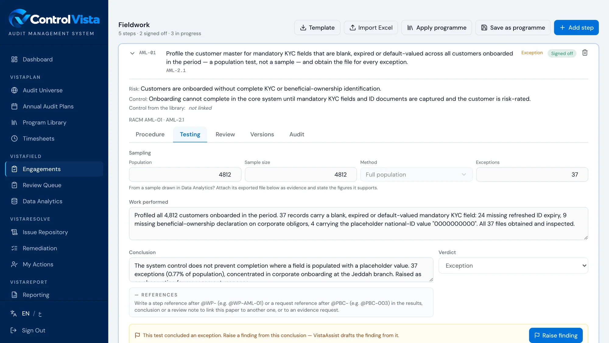 VistaField working paper — risk, control, a full-population test with exceptions, the conclusion and verdict