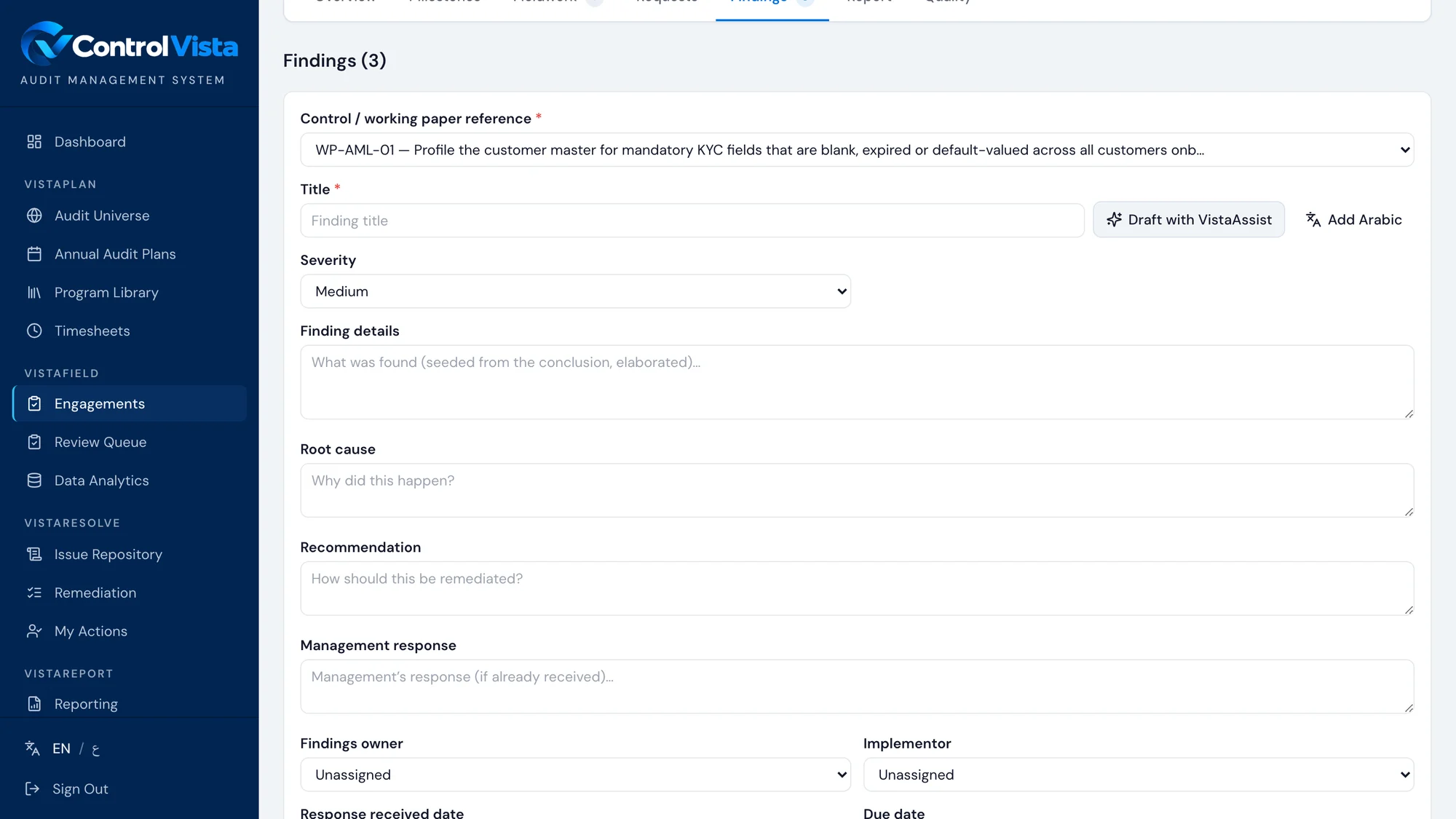 A finding linked to its working paper, with the Draft with VistaAssist and Add Arabic actions